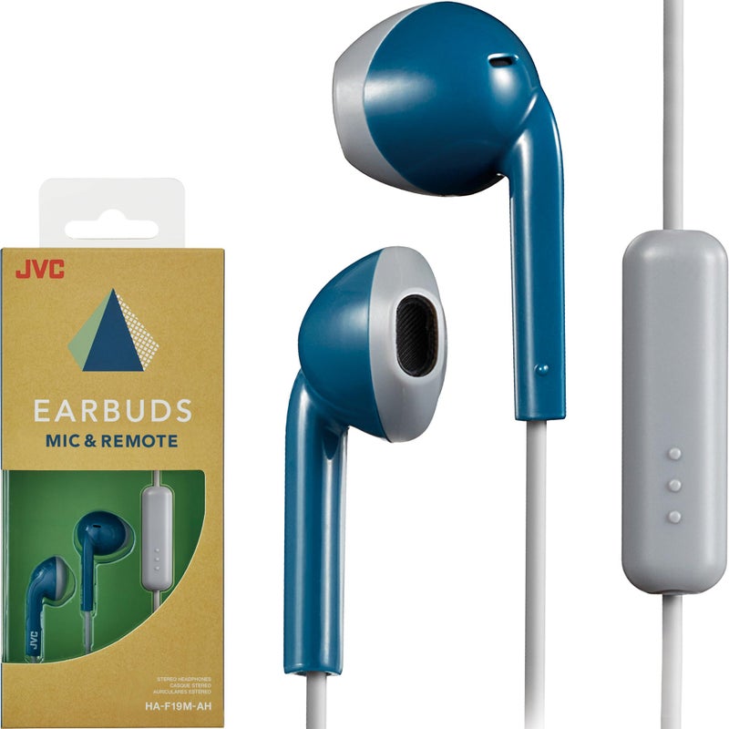 JVC Blue and Grey Sweat and Splash Proof Retro Earbuds with Microphone and Remote HAF19MAH - Image 1